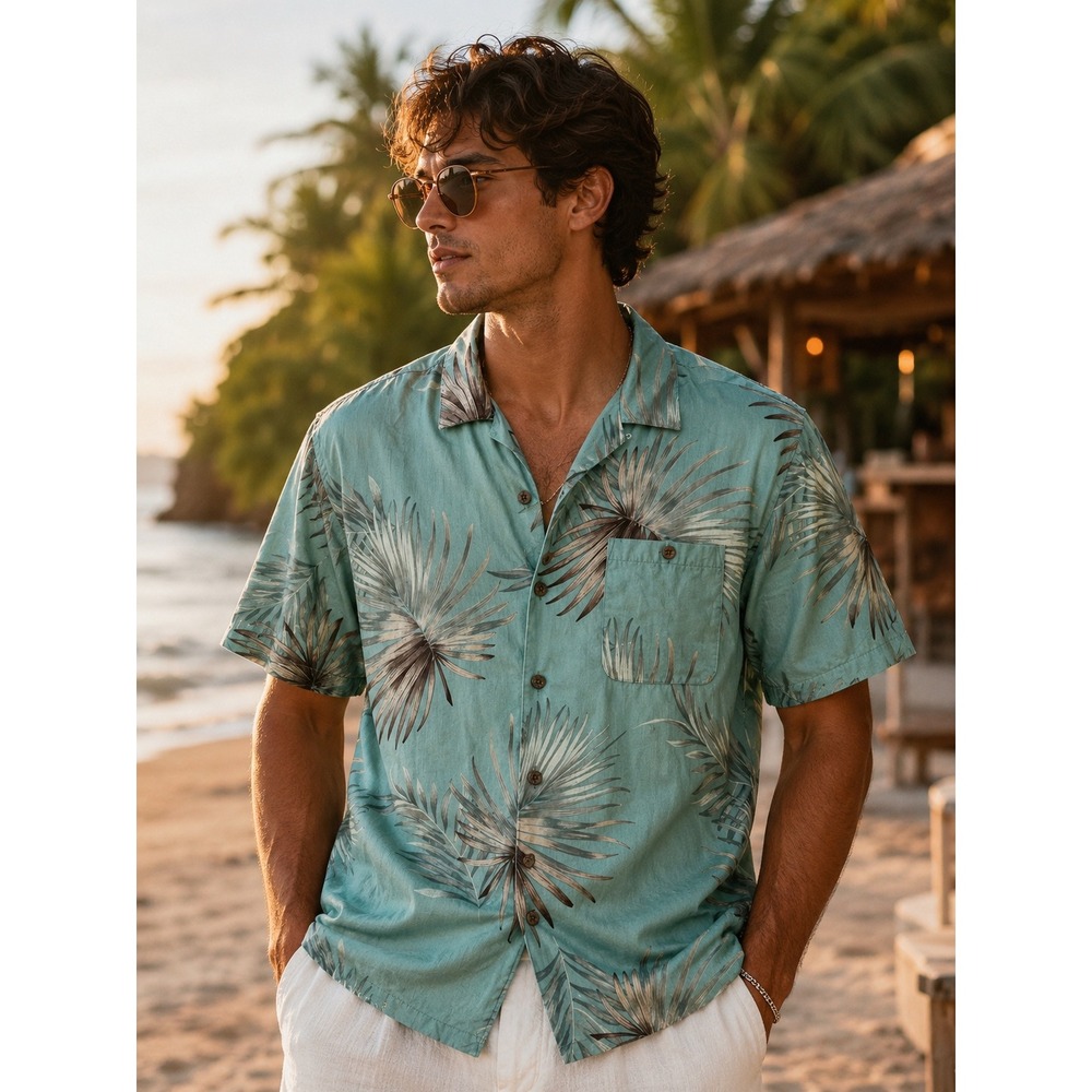 Boca Classics Silknosic XXL Blue Palm Leaf Silk Blend Hawaiian Camp Shirt